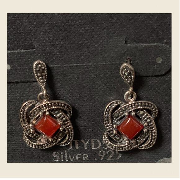 Carnelian Marcasite Sterling Earrings JTYDS Thailand – NOS New on Card - Picture 1 of 5